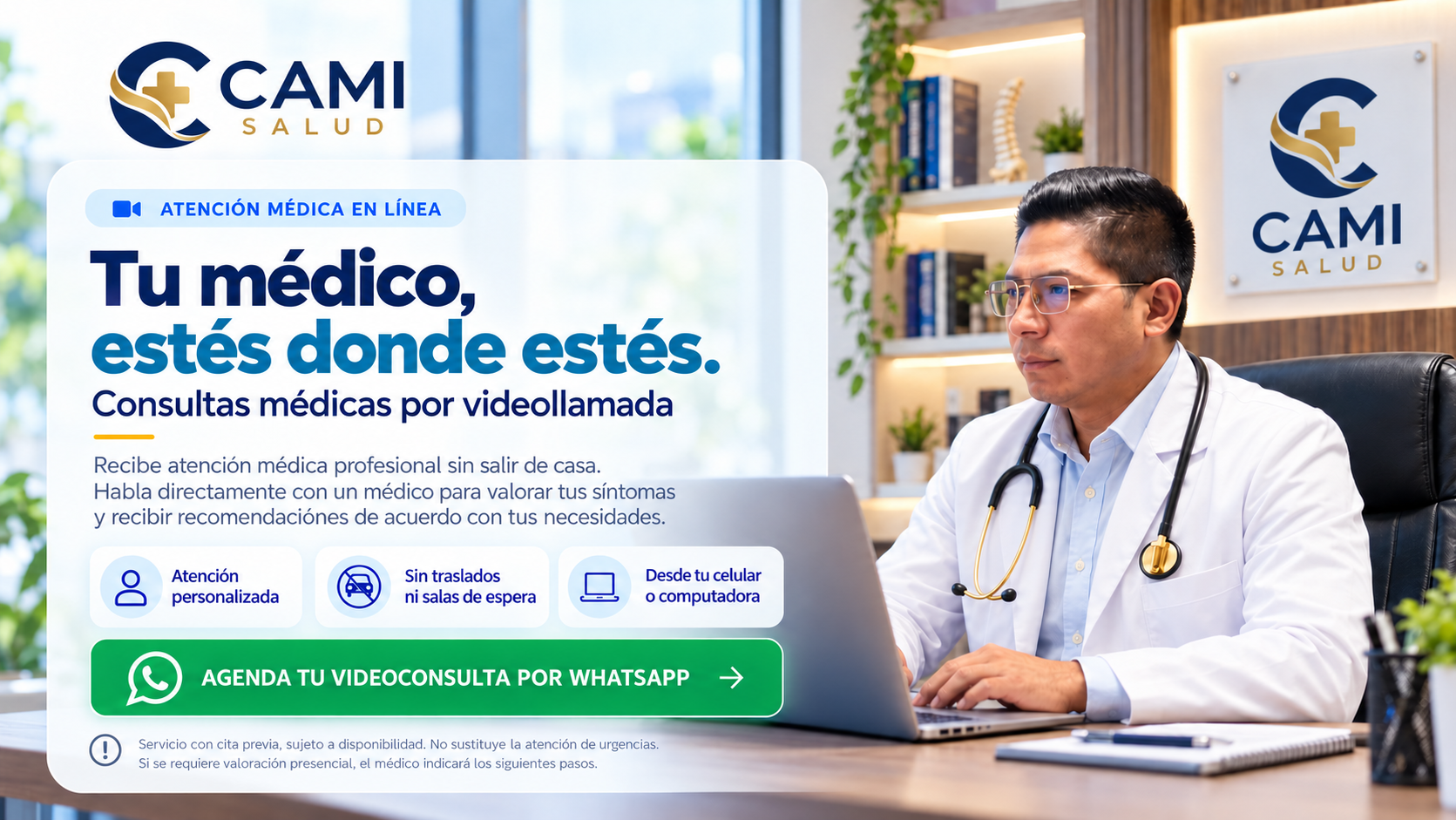 CAMI Salud: Tu médico, estés donde estés. Consultas médicas por videollamada, atención personalizada desde celular o computadora, sin traslados ni salas de espera.